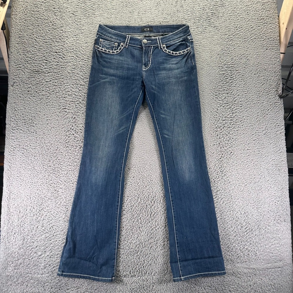 C3 Jeans Womens 9 Blue Cotton Denim Bootcut Leg Faded Workwear Travel Stretch